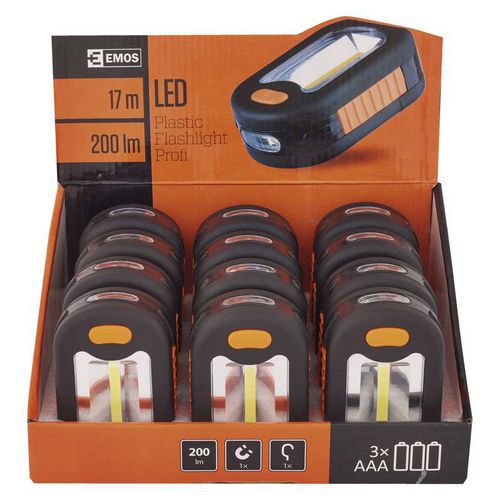 LED svítilna plastová, 3 COB LED, na 3x AAA, 12 ks