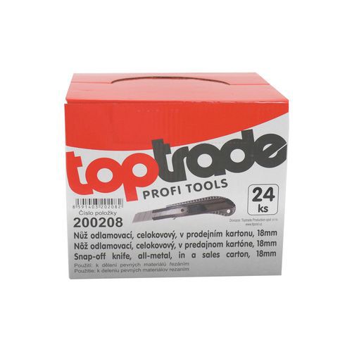 TOPTRADE nůž odlamovací, celokovový, v prodejním kartonu, 18 mm, balení 24 ks