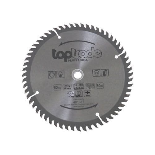 TOPTRADE kotouč pilový, na dřevo, s SK plátky, 60 zubů, 250 x 3 x 30/20 mm