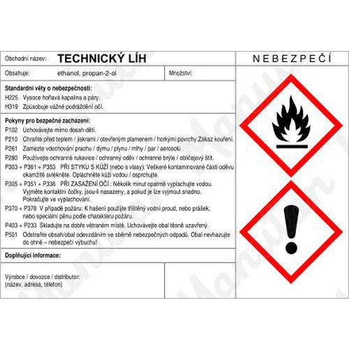 Výstražné GHS tabulky - Technický líh štítek