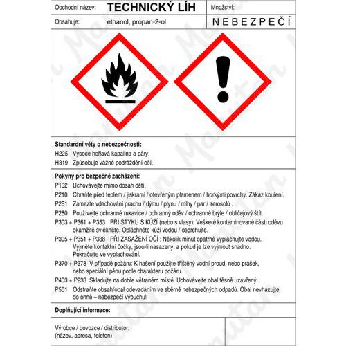 Výstražné GHS tabulky - Technický líh štítek