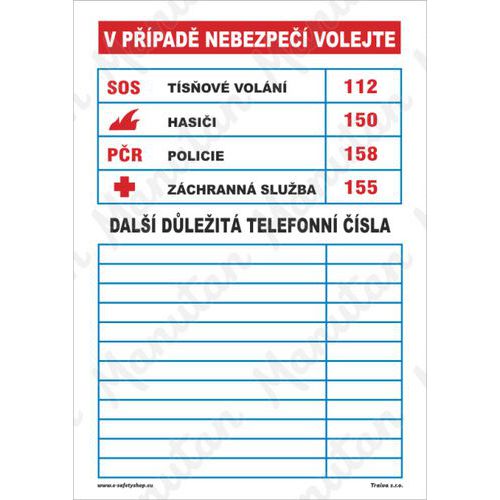 Informační bezpečnostní tabulky - Důležitá telefonní čísla