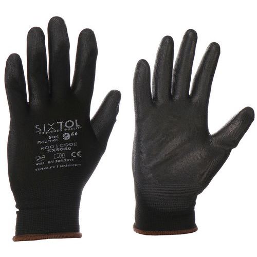 Rukavice pracovní z polyesteru polomáčené v polyuretanu GLOVE PE-PU 10, černé, SIXTOL