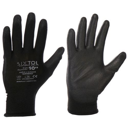 Rukavice pracovní z polyesteru polomáčené v polyuretanu GLOVE PE-PU 10, černé, SIXTOL