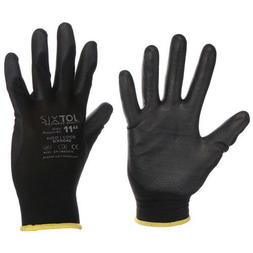 Rukavice pracovní z polyesteru polomáčené v polyuretanu GLOVE PE-PU 10, černé, SIXTOL